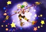  chinese_clothes christmas_lights detached_sleeves dragon_kid green_eyes green_hair hat highres huang_baoling oliolio one_eye_closed short_hair shorts solo staff string superhero thighhighs tiger_&amp;_bunny 