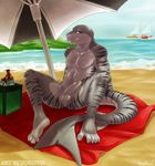 anthro balls beach biceps big_muscles black blanket boat bottle claws erection fish grey grey_body grey_eyes hindpaw humanoid_penis looking_at_viewer male marine muscles nude outside paws penis presenting presenting_penis public sand scalie seaside shark sitting smile solo spread_legs spreading stripes tail tokifuji uncut water 
