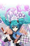  aqua_eyes aqua_hair au_(222au) bad_id bad_pixiv_id black_legwear hatsune_miku highres katana loafers long_hair school_uniform serafuku sheath shoes skirt smile solo star sweater sword thighhighs twintails unsheathing very_long_hair vocaloid weapon zettai_ryouiki 