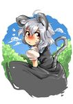  animal_ears blush day dress embarrassed face flying_sweatdrops from_behind grey_dress grey_hair harusame_(unmei_no_ikasumi) looking_back mouse_ears mouse_tail nazrin red_eyes short_hair short_sleeves sky solo tail touhou tree 