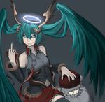  aqua_eyes aqua_hair bag black_sclera chain detached_sleeves evil gift hair_wings halo hat hatsune_miku holding holding_gift horns horror_(theme) jewelry long_hair magre middle_finger necklace santa_claus santa_hat skirt smile thighhighs twintails very_long_hair vocaloid zettai_ryouiki 