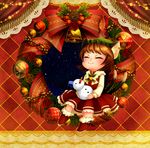  :3 animal_ears bell blush_stickers brown_eyes carrot cat_ears cat_tail chen christmas closed_eyes curtains doll dress flower frills haraya hat jewelry leaf multiple_tails rose single_earring sitting snowman solo star_(sky) tail touhou wreath 