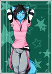  black_armwear black_hair blue_eyes blue_fur bow clothed clothing drawstring feline female fur grey_bottomwear hair hair_bow hands_behind_head hoodie jeans leggings legwear mammal pants pink_topwear sleeves solo stars straps striped_armwear suspenders white_armwear 