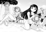  4girls ball beach beard bikini facial_hair greyscale highleg highleg_bikini highleg_swimsuit kneeling kouro_(apple2j) kuroyoru_umidori leivinia_birdway long_hair male_swimwear misaka_mikoto misaka_worst monochrome multiple_girls muscle navel necktie roberto_katze sitting sunglasses swim_briefs swimsuit swimwear to_aru_majutsu_no_index to_aru_majutsu_no_index:_new_testament 