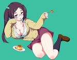  bad_id bad_pixiv_id breasts brown_hair cleavage endou_masatoshi food glasses hair_ornament hairclip holding holding_spoon large_breasts legs long_hair original pink_eyes pudding school_uniform shirt shoes skirt socks solo spoon sweater_vest twintails unbuttoned 