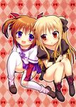  blonde_hair blush boots brown_hair fate_testarossa hair_ribbon long_hair lyrical_nanoha mahou_shoujo_lyrical_nanoha multiple_girls open_mouth panties pantyshot purple_eyes red_eyes ribbon saki_chisuzu short_hair skirt smile takamachi_nanoha thighhighs twintails underwear white_legwear white_panties 