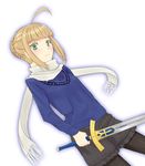  ahoge artoria_pendragon_(all) black_legwear blonde_hair dutch_angle excalibur fate/stay_night fate_(series) green_eyes hair_ribbon legwear_under_shorts pantyhose ribbon saber scarf shimejiru shorts solo sweater sword weapon white_scarf 