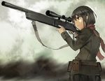  aiming bad_id bad_pixiv_id banned_artist belt black_hair gun jacket original rifle scarf scope seafh short_hair sketch sniper_rifle solo weapon yellow_eyes 