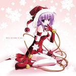  armband blush breasts christmas commentary_request dress eyeball full_body gloves hand_on_own_face hat heart komeiji_satori purple_eyes purple_hair red_gloves santa_costume santa_hat short_hair side_b sitting small_breasts snow solo touhou wariza 