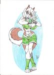  akita big_breasts boxer breasts canine cleavage clothed clothing dog elnora_magner eltonpot female fighter gloves green_eyes hair legwear long_hair long_white_hair mammal monochrome muscles muscular_female smile solo tail toeless_socks white_hair 