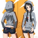  akiyama_mio ass backboob black_hair blue_eyes breasts clothes_writing contrapposto denim denim_shorts dimples_of_venus from_behind hands_in_pockets head_tilt hips hood hoodie k-on! large_breasts long_hair looking_at_viewer masturbation midriff multiple_views nail_polish short_shorts shorts sidelocks standing stealth_masturbation suna thumbs_in_pockets vibrator vibrator_under_clothes 