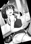  aya_shachou camisole cellphone glowing glowing_eyes greyscale looking_back monochrome open_mouth outstretched_hand panties phone short_hair solo sweatdrop touhou underwear underwear_only usami_renko 