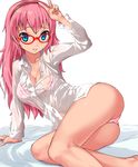  bespectacled blue_eyes bra breasts cleavage glasses hairband imazon leaning legs lingerie long_hair lying medium_breasts megurine_luka on_side panties red-framed_eyewear see-through sitting smile solo underwear v vocaloid 