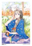  absurdres artist_name bed blanket blue_eyes braid brown_hair hair_over_shoulder headphones highres japanese_clothes kimono long_hair looking_at_viewer original scan single_braid solo toi8 watermark web_address 