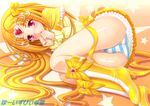  blonde_hair boots cameltoe cure_muse_(yellow) dress hair_ribbon highres knee_boots long_hair looking_at_viewer lying ohizumi_daisaku on_side open_mouth panties precure red_eyes ribbon shiny shiny_skin shirabe_ako solo star striped striped_panties suite_precure underwear very_long_hair wet yellow_dress yellow_footwear yellow_ribbon 