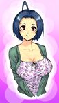  ahoge aouma bad_id bad_pixiv_id blue_hair breasts idolmaster idolmaster_(classic) large_breasts lowres miura_azusa red_eyes short_hair smile solo 