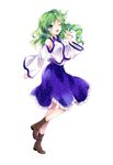  bad_id bad_pixiv_id boots breasts detached_sleeves frog_hair_ornament full_body green_eyes green_hair hair_ornament hair_tubes kochiya_sanae konayama_kata long_hair medium_breasts midriff open_mouth skirt snake solo touhou 