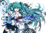  aqua_eyes aqua_hair bad_id bad_pixiv_id detached_sleeves fingerless_gloves gloves guitar hatsune_miku headphones headset instrument long_hair necktie open_mouth pico_(picollector79) skirt smile solo thighhighs twintails very_long_hair vocaloid zettai_ryouiki 