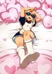  apron bed blonde_hair crossdressing dress dylan_keith feet foreshortening full_body glasses heart highres inazuma_eleven inazuma_eleven_(series) lying male_focus on_back on_bed open_mouth otoko_no_ko panties pillow pov_feet riko_(k_riko) socks soles solo striped striped_panties sunglasses underwear upskirt 