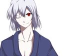  bad_id bad_pixiv_id highres iro_(sekaixiro) japanese_clothes male_focus one_eye_closed open_clothes red_eyes simple_background smile solo toono_shiki_(2) tsukihime vector_trace white_hair 