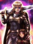  1girl abs armor blonde_hair blue_eyes boken_fantasy bracer brown_eyes brown_hair cape claymore claymore_(sword) hand_on_shoulder height_difference highres hood lips older open_mouth priscilla_(claymore) raki_(claymore) smile spoilers sword weapon 