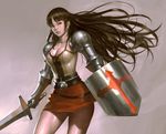  armor armored_dress belt breasts brown_eyes brown_hair cleavage earrings face gauntlets hair_ornament hairclip jewelry kilart large_breasts lips long_hair original pauldrons realistic shield shiny shiny_skin skirt solo sword weapon 