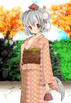  ahoge alternate_costume animal_ears blush breast_slip breasts day hair_ornament hairpin hat highres inubashiri_momiji japanese_clothes kimono nature nipples outdoors red_eyes short_hair silver_hair small_breasts smile solo tail takara_akihito tokin_hat touhou unmoving_pattern wolf_ears wolf_tail 