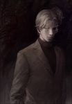  bishounen blonde_hair blue_eyes dark formal horn johan_liebert light_smile male_focus monster_(manga) nise_shoku pale_skin realistic sideways_glance skull solo suit sweater turtleneck 