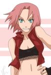  1girl bare_shoulders black_bra black_gloves bra buttons collarbone fingerless_gloves gloves green_eyes haruno_sakura looking_at_viewer naruto navel nishi06 open_clothes open_shirt pink_hair shirt short_hair sleeveless sleeveless_shirt smile solo sports_bra teeth underwear upper_body 