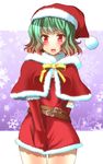  alternate_costume belt blush capelet christmas embarrassed gloves green_hair hane_(hanegoya) hat kazami_yuuka looking_at_viewer red_capelet red_eyes red_gloves santa_costume santa_hat short_hair simple_background solo touhou 