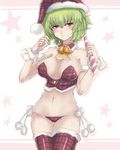  alternate_costume bare_shoulders bell blush breasts candy candy_cane choker cleavage food green_hair hat holding holding_candy_cane kazami_yuuka large_breasts nail_polish navel no_pants panties panzer plaid plaid_legwear red_eyes santa_hat short_hair simple_background solo thighhighs touhou underwear wrist_cuffs 