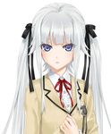  bangs bishoujo_mangekyou blazer blue_eyes blunt_bangs blush buttons flat_chest frills hair_ribbon hand_on_own_chest happoubi_jin jacket jpeg_artifacts kagarino_kirie long_hair looking_at_viewer official_art ribbon school_uniform sidelocks silver_hair solo transparent_background twintails upper_body 