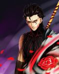  ahoge black_hair cosplay dark_persona facial_mark fate/zero fate_(series) flower gae_buidhe highres lancer_(fate/zero) male_focus mole mole_under_eye ninesounds petals polearm red_flower red_rose rose spear stenciled_rose weapon yellow_eyes 