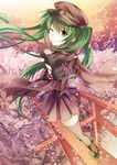  bad_id bad_pixiv_id brown_eyes green_hair hat hatsune_miku japanese_clothes long_hair looking_back one_eye_closed peaked_cap petals pico_(picollector79) pointing senbon-zakura_(vocaloid) skirt smile solo standing standing_on_object standing_on_torii thighhighs torii twintails vocaloid zettai_ryouiki 