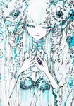  ballpoint_pen_(medium) blue_eyes charmal color_ink_(medium) copyright_request green_hair jewelry long_hair nail_polish ribbon ring sad solo traditional_media 