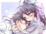  1girl black_hair blue_eyes blush couple ganaha_hibiki glasses hair_ribbon hetero idolmaster idolmaster_(classic) natsu_(anta_tte_hitoha) producer_(idolmaster_anime) ribbon sweater translated 