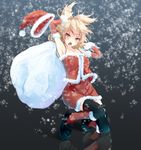  alternate_costume armpits arms_up bad_id bad_pixiv_id bare_shoulders black_legwear blush brown_hair hat hat_removed headwear_removed kneeling looking_at_viewer open_mouth santa_costume santa_hat short_hair solo thighhighs touhou toyosatomimi_no_miko yae_(mono110) yellow_eyes 