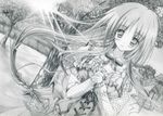  absurdres blush breasts highres hoshizora_e_kakaru_hashi long_hair medium_breasts monochrome rinsu solo toudou_tsumugi traditional_media very_long_hair 