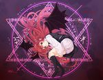  abe_kanari bat_wings black_legwear bloomers bow demon_tail dress_shirt fetal_position gradient_hair hair_bow hair_ornament hairclip hands_clasped head_wings heart hexagram highres keyring kneehighs koakuma leg_hug long_hair looking_at_viewer magic_circle multicolored_hair no_shoes own_hands_together pink_hair pointy_ears purple_eyes red_hair shirt skirt smile solo tail touhou underwear vest wings 