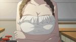  animated animated_gif back bare_shoulders big_breasts blush braid breasts brown_hair cleavage dress embarrassed green_hair hanasaku_iroha large_breasts long_hair oshimizu_nako screencap solo turning_away 