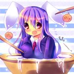  animal_ears blush bowl bunny_ears chibi chocolat_(momoiro_piano) chopsticks in_container jacket long_hair minigirl necktie open_mouth poking purple_eyes purple_hair reisen_udongein_inaba shirt solo tears touhou 