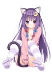  :&lt; animal_ears between_legs between_thighs blush bottomless bow breasts cat_ears cat_tail cleavage collarbone covering covering_crotch crescent crescent_hair_ornament fake_animal_ears feet frown hair_bow hair_ornament hand_between_legs hood hoodie kemonomimi_mode long_hair looking_at_viewer naked_hoodie no_bra no_shoes patchouli_knowledge peko purple_eyes purple_hair simple_background sitting sleeves_past_wrists small_breasts solo striped striped_legwear sweater tail thighhighs touhou v_arms white_background 