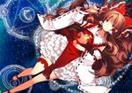  ascot bad_id bad_pixiv_id bare_legs bare_shoulders bow brown_eyes brown_hair curly_hair detached_sleeves frills garters hair_bow hair_tubes hakurei_reimu long_hair lying magic_circle on_back roh_nam_kyung solo touhou very_long_hair 