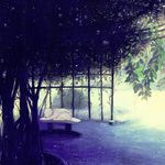  bad_pixiv_id bear bench bush leaf no_humans nomiya_(no_38) original plant rain scenery solo tree vines 