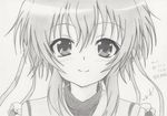  background_text bad_id bad_pixiv_id hair_between_eyes highres light_smile long_hair mashiroiro_symphony monochrome smile solo traditional_media uryuu_sakuno whick_(mywhite) 