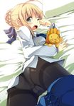  ahoge artoria_pendragon_(all) ass blonde_hair cameltoe fate/stay_night fate_(series) green_eyes kaisanbutsu looking_back lying on_stomach open_mouth panties panties_under_pantyhose pantyhose saber solo stuffed_toy tears thighband_pantyhose underwear 