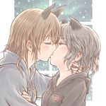  animal_ears blush brown_hair casual closed_eyes couple eila_ilmatar_juutilainen hood hoodie kiss long_hair multiple_girls sanya_v_litvyak short_hair silver_hair strike_witches world_witches_series yukimochi_(yume) yuri 