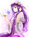  book checkered checkered_background crescent frills hat holding holding_book jurakin long_hair open_book open_mouth pajamas patchouli_knowledge purple_eyes purple_hair reading sitting solo touhou very_long_hair wide_sleeves 