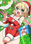  alternate_costume alternate_eye_color bare_shoulders belt blonde_hair blush box breasts candy christmas_ornaments christmas_tree doll embarrassed fang food fuji_hyorone furby green_eyes hat medium_breasts mizuhashi_parsee open_hand open_mouth pointy_ears santa_costume santa_hat short_hair skirt skirt_tug solo strap tears touhou 