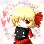  :3 bad_id bad_pixiv_id blonde_hair blush_stickers capelet christmas cocozasa fang hair_ribbon heart highres one_eye_closed open_mouth red_capelet red_eyes ribbon rumia santa_costume short_hair smile snowflakes solo stuffed_animal stuffed_cat stuffed_toy touhou 